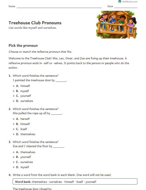 Treehouse Club Pronouns worksheet preview