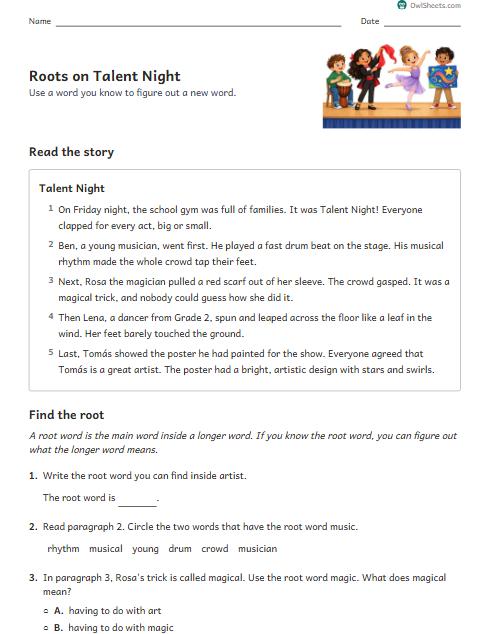 Roots on Talent Night worksheet preview