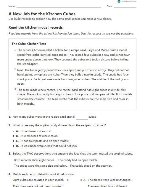 A New Job for the Kitchen Cubes worksheet preview