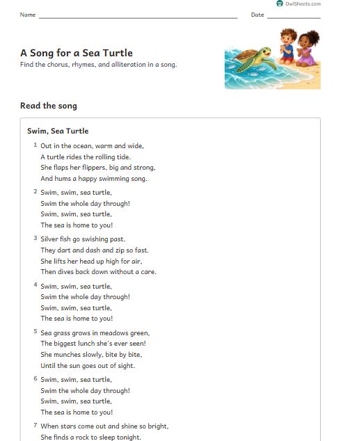 A Song for a Sea Turtle worksheet preview