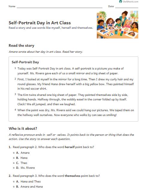Self-Portrait Day in Art Class worksheet preview