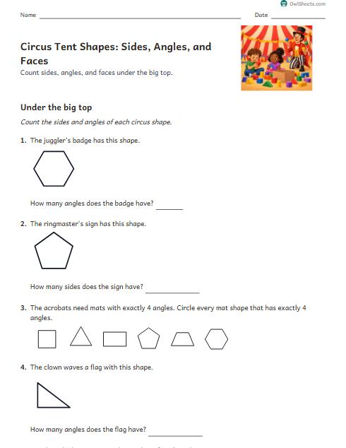 Circus Tent Shapes: Sides, Angles, and Faces worksheet preview