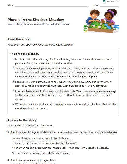 Plurals in the Shoebox Meadow worksheet preview