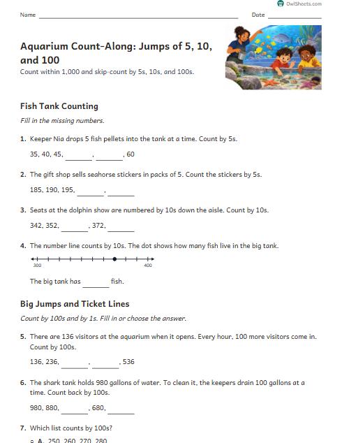 Aquarium Count-Along: Jumps of 5, 10, and 100 worksheet preview