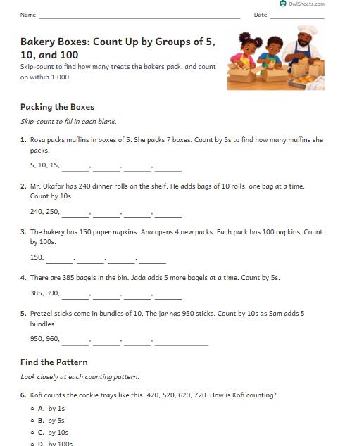 Bakery Boxes: Count Up by Groups of 5, 10, and 100 worksheet preview