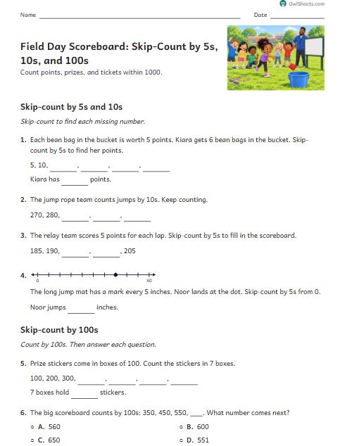 Field Day Scoreboard: Skip-Count by 5s, 10s, and 100s worksheet preview