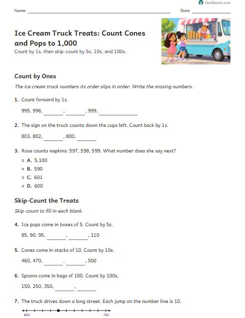 Ice Cream Truck Treats: Count Cones and Pops to 1,000 worksheet preview