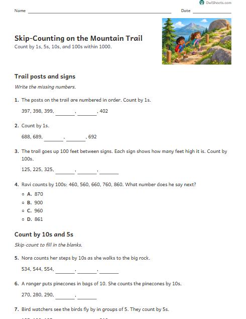 Skip-Counting on the Mountain Trail worksheet preview