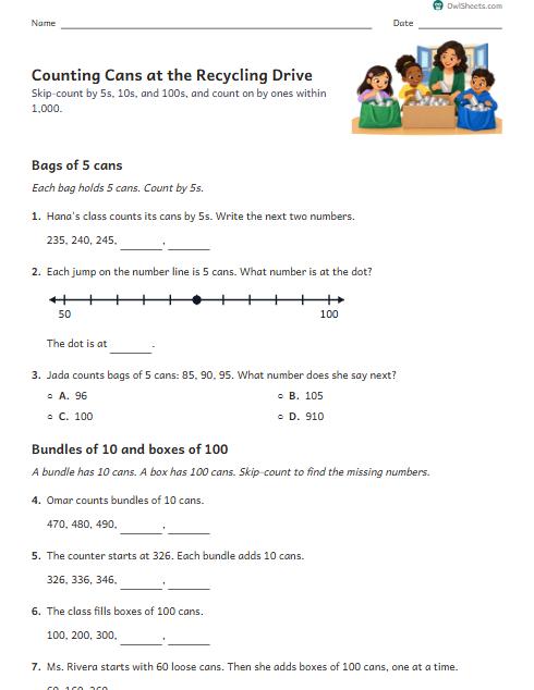 Counting Cans at the Recycling Drive worksheet preview