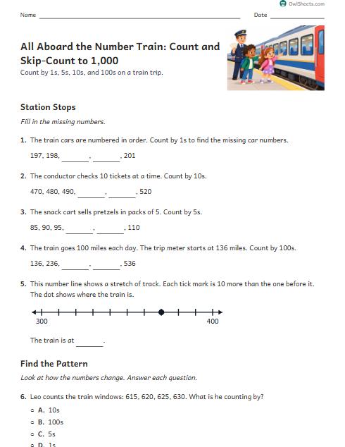 All Aboard the Number Train: Count and Skip-Count to 1,000 worksheet preview