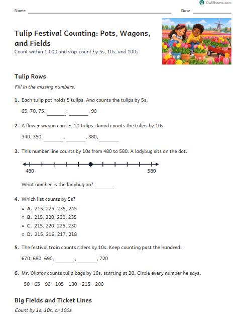 Tulip Festival Counting: Pots, Wagons, and Fields worksheet preview