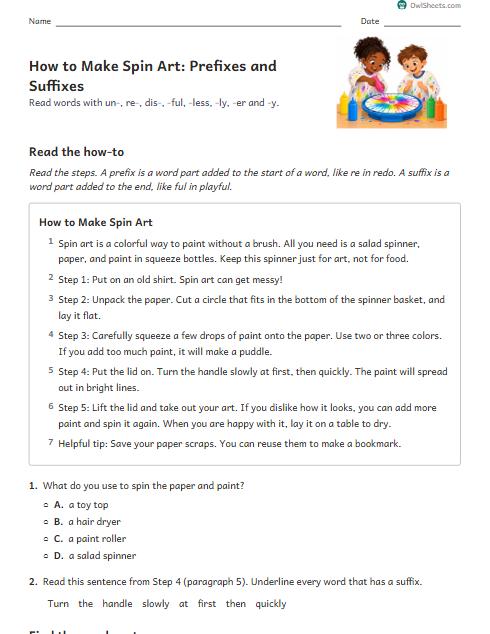 How to Make Spin Art: Prefixes and Suffixes worksheet preview