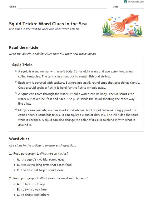 Squid Tricks: Word Clues in the Sea worksheet preview