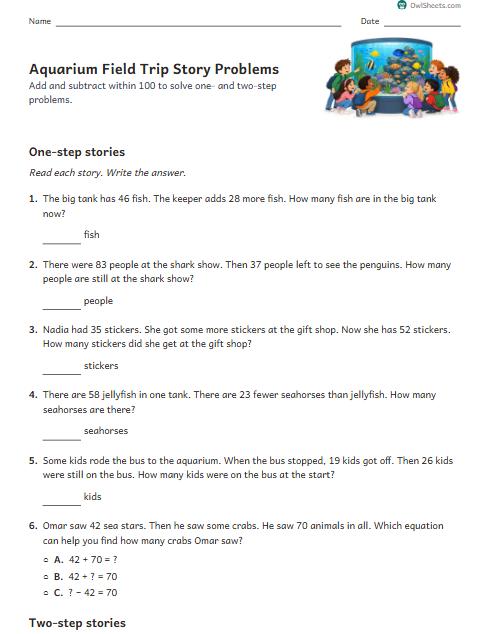 Aquarium Field Trip Story Problems worksheet preview