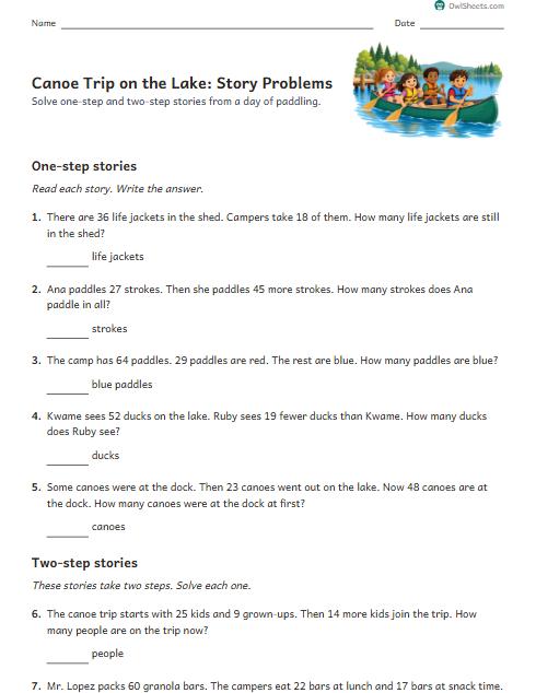 Canoe Trip on the Lake: Story Problems worksheet preview