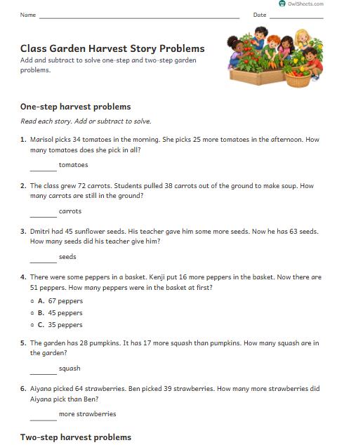 Class Garden Harvest Story Problems worksheet preview