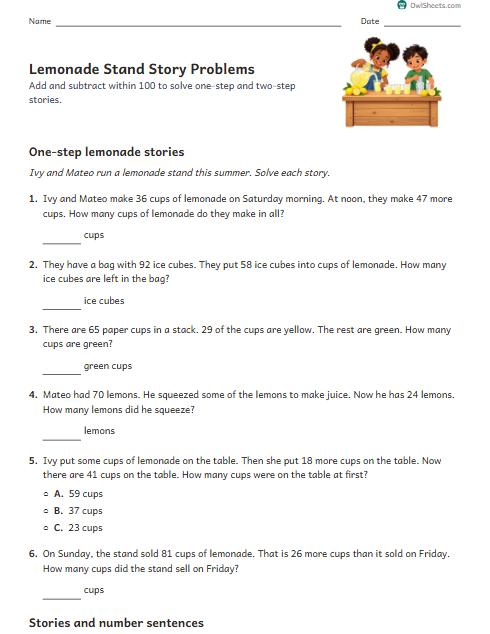 Lemonade Stand Story Problems worksheet preview