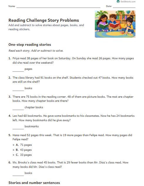Reading Challenge Story Problems worksheet preview