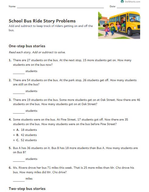 School Bus Ride Story Problems worksheet preview