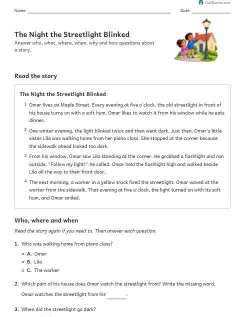The Night the Streetlight Blinked worksheet preview