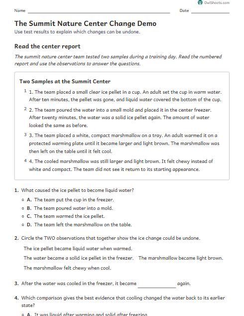 The Summit Nature Center Change Demo worksheet preview