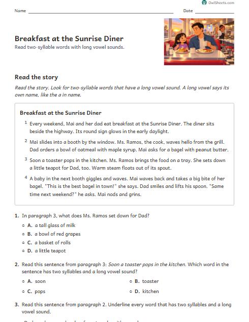 Breakfast at the Sunrise Diner worksheet preview