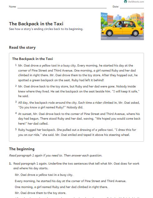 The Backpack in the Taxi worksheet preview