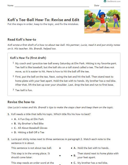 Kofi's Tee-Ball How-To: Revise and Edit worksheet preview