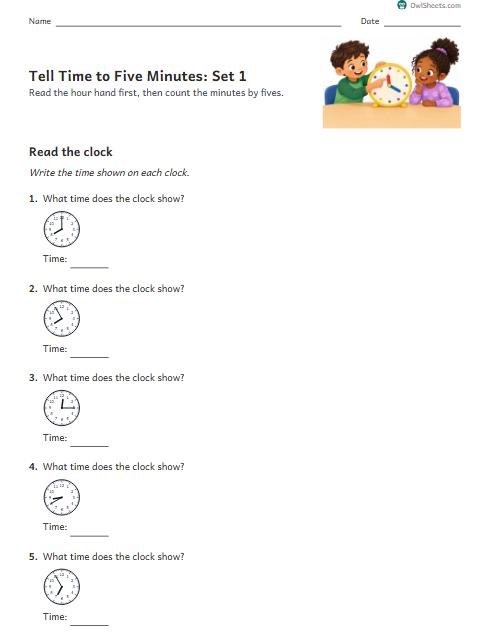 Tell Time to Five Minutes: Set 1 worksheet preview