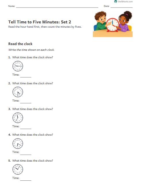 Tell Time to Five Minutes: Set 2 worksheet preview