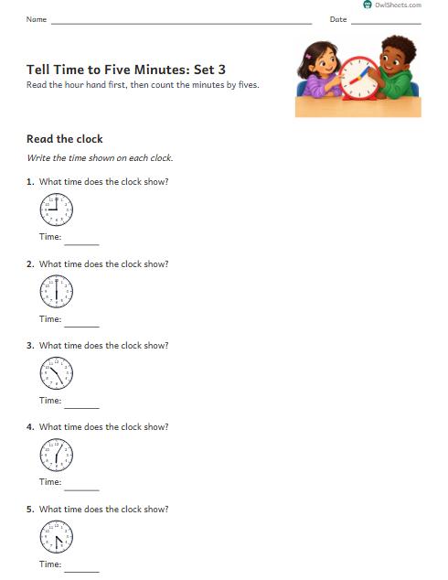 Tell Time to Five Minutes: Set 3 worksheet preview
