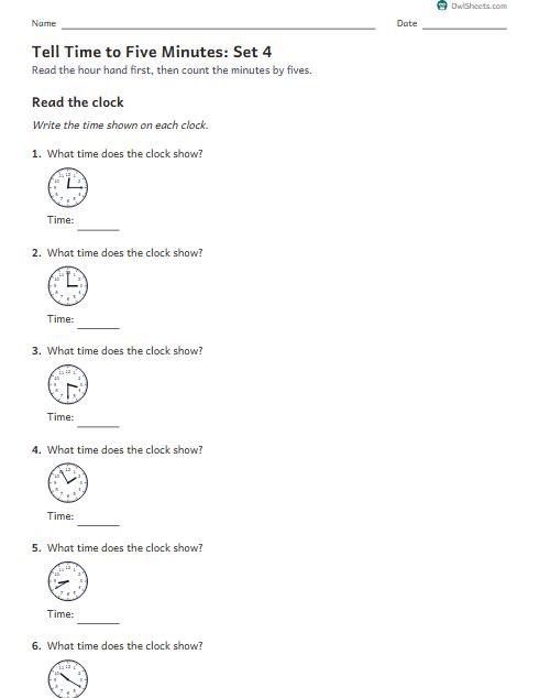 Tell Time to Five Minutes: Set 4 worksheet preview