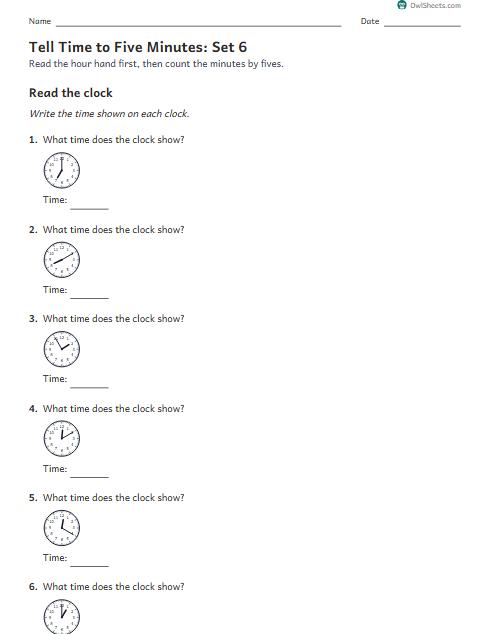 Tell Time to Five Minutes: Set 6 worksheet preview