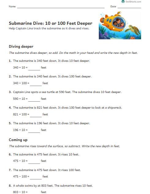 Submarine Dive: 10 or 100 Feet Deeper worksheet preview