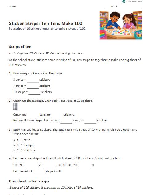 Sticker Strips: Ten Tens Make 100 worksheet preview