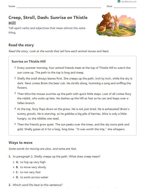 Creep, Stroll, Dash: Sunrise on Thistle Hill worksheet preview