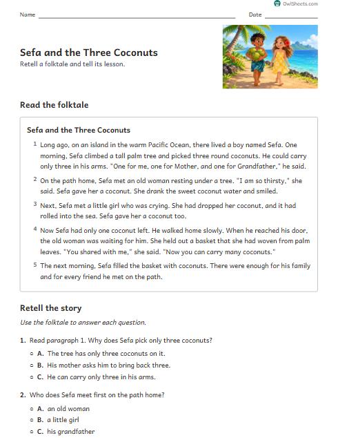 Sefa and the Three Coconuts worksheet preview