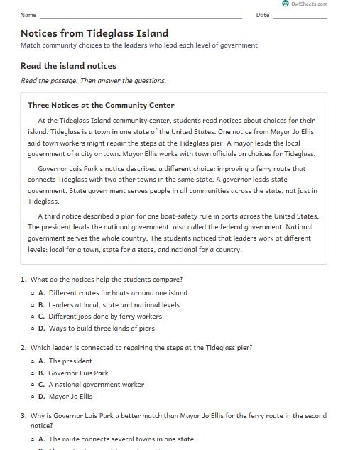 Notices from Tideglass Island worksheet preview