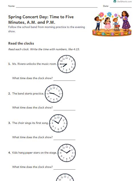 Spring Concert Day: Time to Five Minutes, A.M. and P.M. worksheet preview