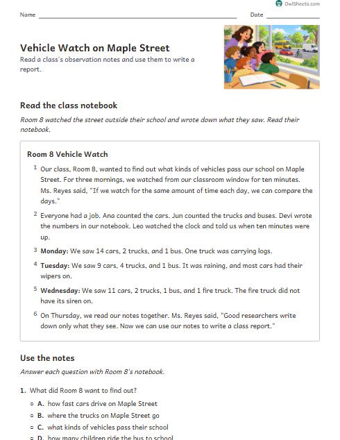 Vehicle Watch on Maple Street worksheet preview