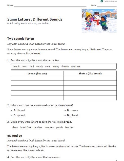 Same Letters, Different Sounds worksheet preview