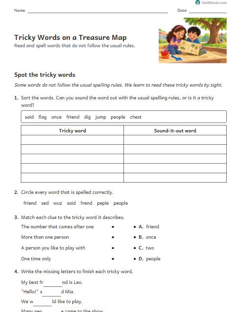Tricky Words on a Treasure Map worksheet preview