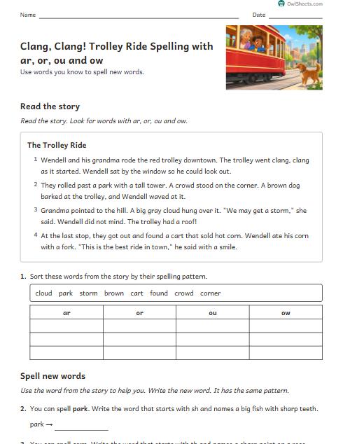 Clang, Clang! Trolley Ride Spelling with ar, or, ou and ow worksheet preview