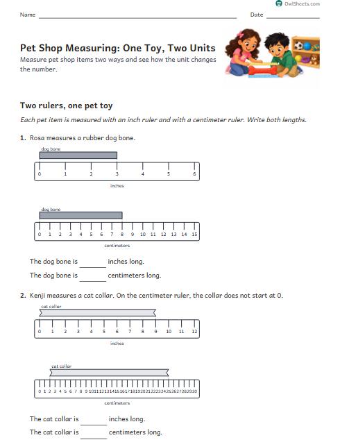 Pet Shop Measuring: One Toy, Two Units worksheet preview