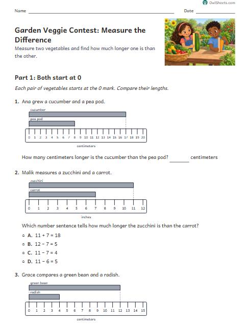 Garden Veggie Contest: Measure the Difference worksheet preview