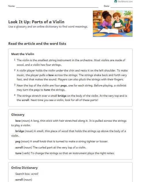 Look It Up: Parts of a Violin worksheet preview