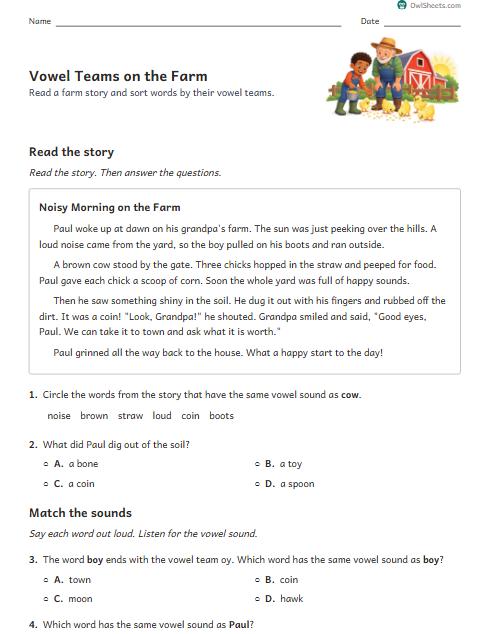 Vowel Teams on the Farm worksheet preview