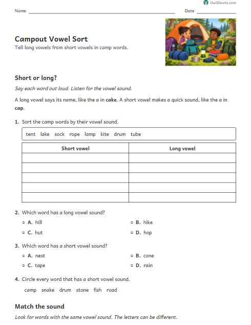 Campout Vowel Sort worksheet preview