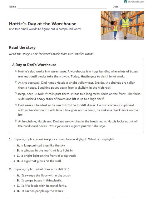 Hattie's Day at the Warehouse worksheet preview