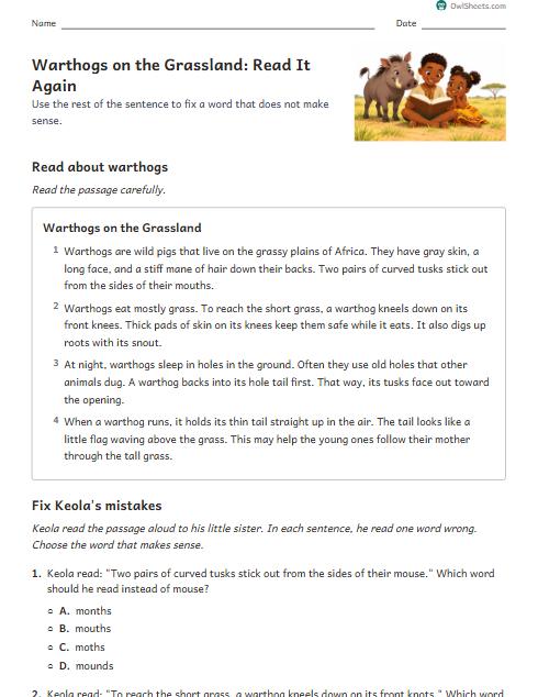 Warthogs on the Grassland: Read It Again worksheet preview